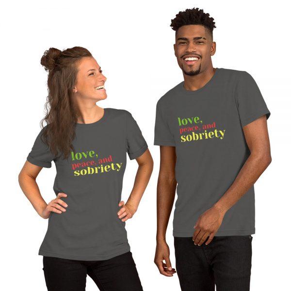 unisex grey, love, peace, and sobriety t shirt