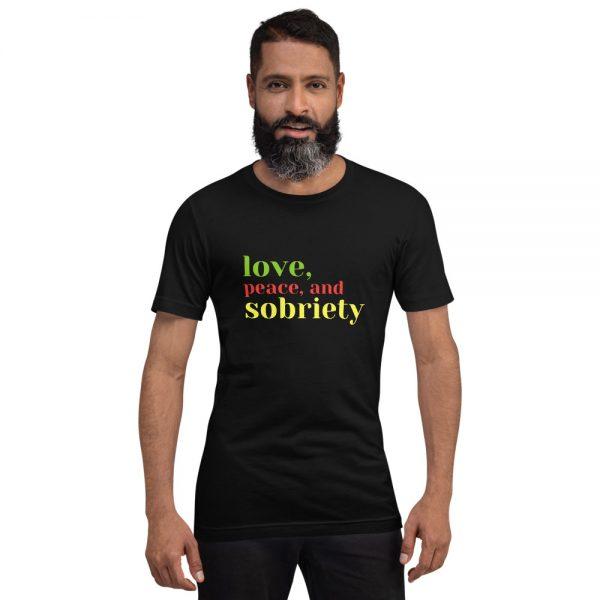 men's black, love, peace, and sobriety t shirt
