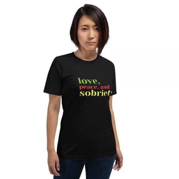 woman's black, love, peace, and sobriety t shirt