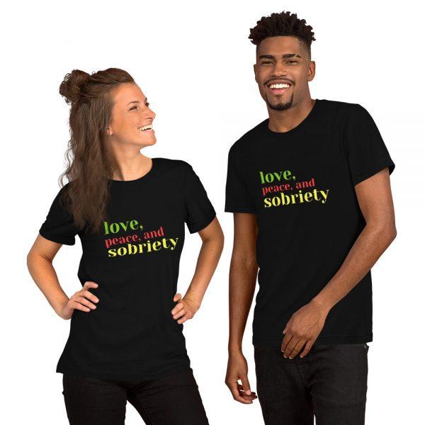 unisex black, love, peace, and sobriety t shirt