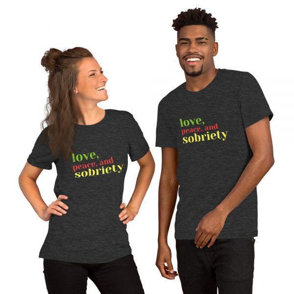 unisex, dark grey love, peace, and sobriety t shirt