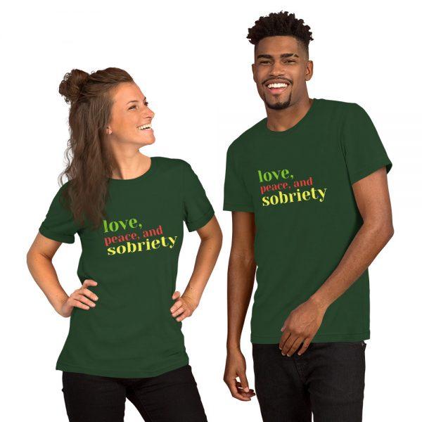unisex forest, love, peace, and sobriety t shirt