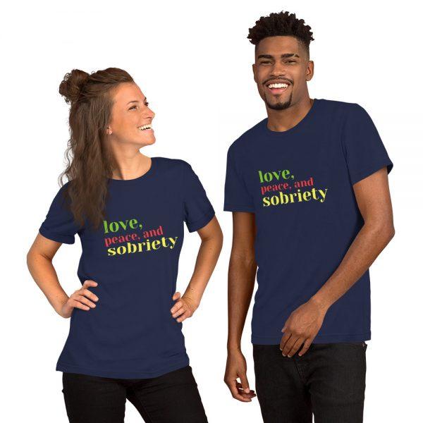 unisex navy, love, peace, and sobriety t shirt